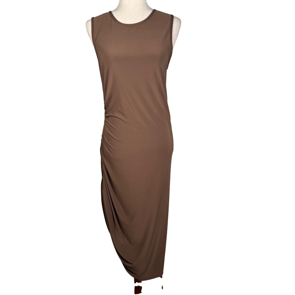 Wilfred Aritzia Ruched Midi Dress Womens L Brown Jersey Stretch Quiet Luxury New